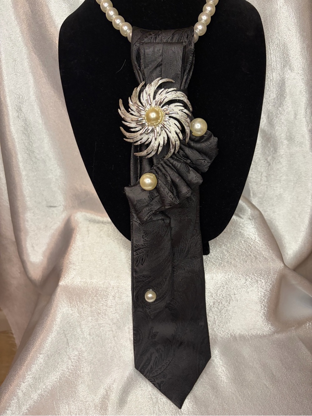 Express Black Paisley Satin Scarf with Pearl & Floral Brooch Accent